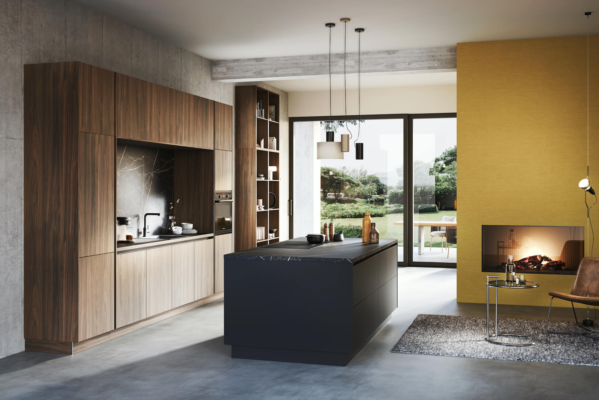 Häcker Design Inselküche Walnuss schwarz