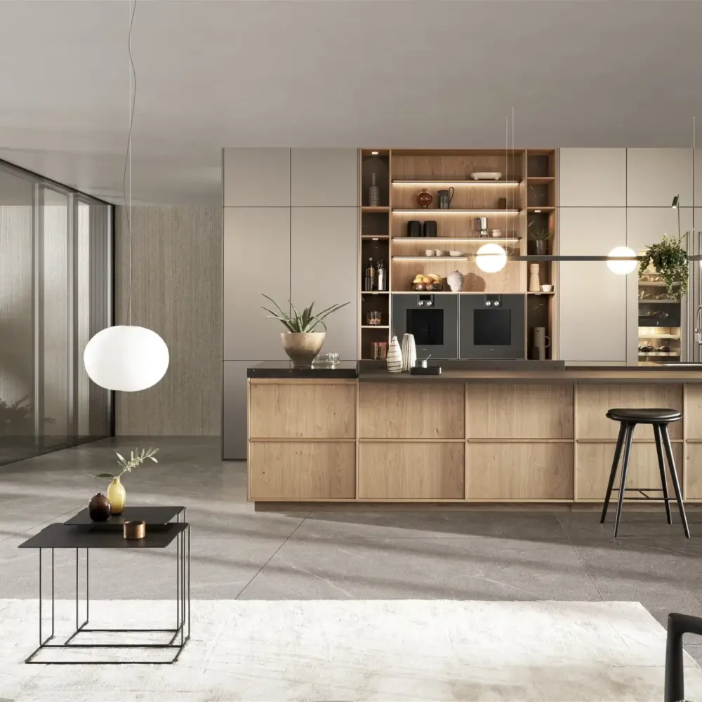 Leicht Designküche Kyoto mit Kücheninsel Echtholz grifflos metallic